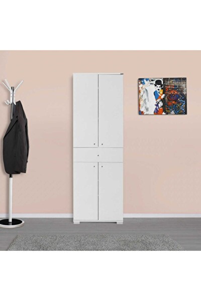Adore Mobilya Diamond 4 Kapaklı Tek Çekmeceli Dolap-Parlak Lake Beyaz 60x187x38 CM (GxYxD)