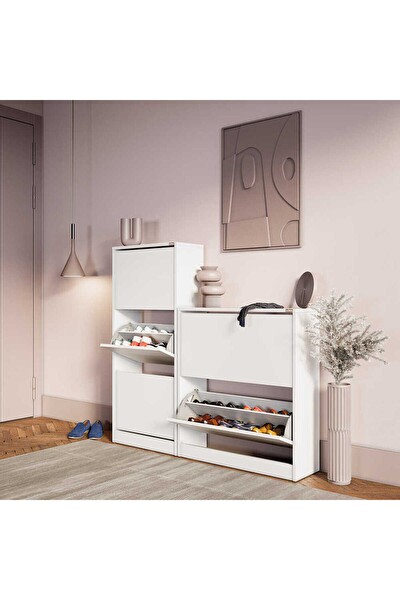 Adore Mobilya Flat Duo 2 Katlı Geniş Ayakkabılık Dolabı - Beyaz