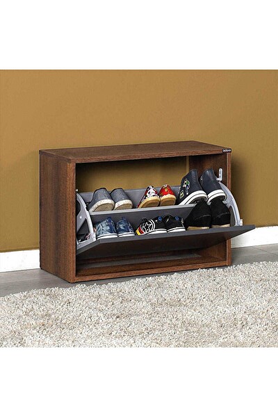 Adore Mobilya Step Oturaklı Ayakkabılık - Koyu Ceviz-Antrasit 60x42x30 CM (GxYxD)