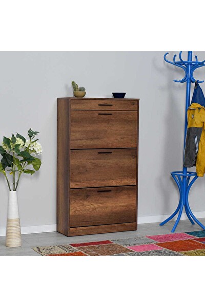 Adore Mobilya Flat Duo 3 Katlı Çekmeceli Ayakkabılık - Koyu Ceviz(Oslo Ceviz) 75x128x29 CM (GxYxD)