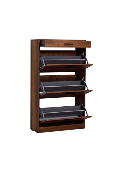Adore Mobilya Flat Duo 3 Katlı Çekmeceli Ayakkabılık - Koyu Ceviz(Oslo Ceviz) 75x128x29 CM (GxYxD)