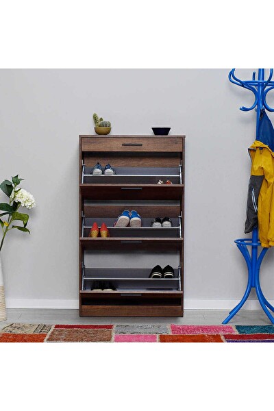 Adore Mobilya Flat Duo 3 Katlı Çekmeceli Ayakkabılık - Koyu Ceviz(Oslo Ceviz) 75x128x29 CM (GxYxD)