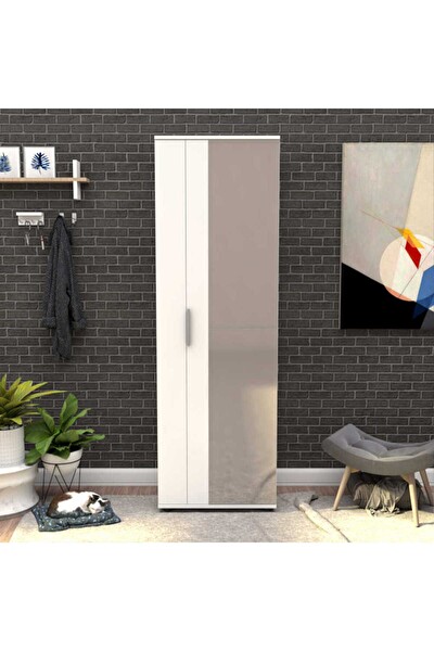 Adore Mobilya Porto 10 Raflı Kapaklı ve Aynalı Ayakkabılık - Mat Beyaz 60x187x35 CM (GxYxD)