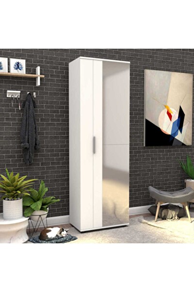 Adore Mobilya Porto 10 Raflı Kapaklı ve Aynalı Ayakkabılık - Mat Beyaz 60x187x35 CM (GxYxD)