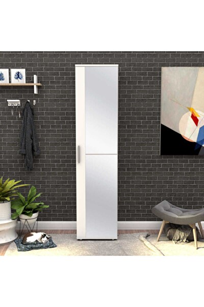 Adore Mobilya Porto 10 Raflı Tek Kapaklı Aynalı Ayakkabılık - Mat Beyaz 45x187x36 CM (GxYxD)