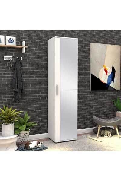 Adore Mobilya Porto 10 Raflı Tek Kapaklı Aynalı Ayakkabılık - Mat Beyaz 45x187x36 CM (GxYxD)