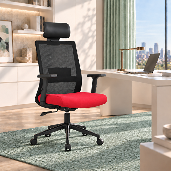 Adore Mobilya Vera Flex Multi Fonksiyon Çalışma Koltuğu - Siyah Kırmızı 63x117-127x67 CM