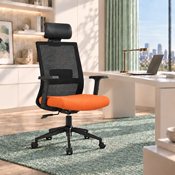 Adore Mobilya Vera Flex Multi Fonksiyon Çalışma Koltuğu - Siyah Turuncu 63x117-127x67 CM