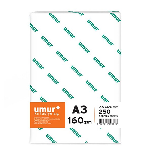 Umur A3 Gramajlı 160 GR 250 Yaprak Fotokopi Kağıdı 1 Paket
