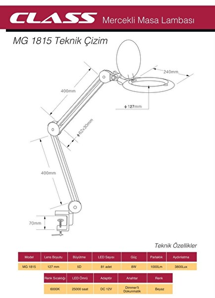 Class MG-1815 Dokunmatik Anahtarlı Masa Üstü 81 Ledli 5X Büyüteç