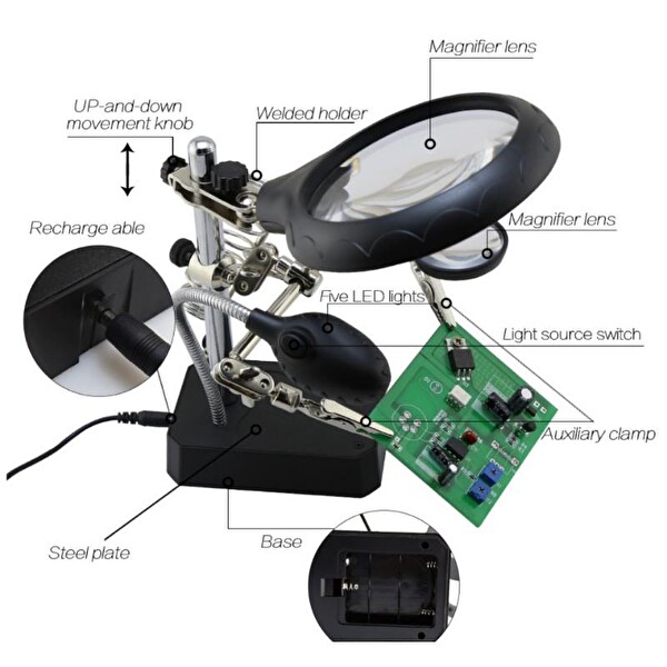 Wellhise TE-800 Çok Fonksiyonlu Tutacaklı ve Ledli Masaüstü Büyüteç