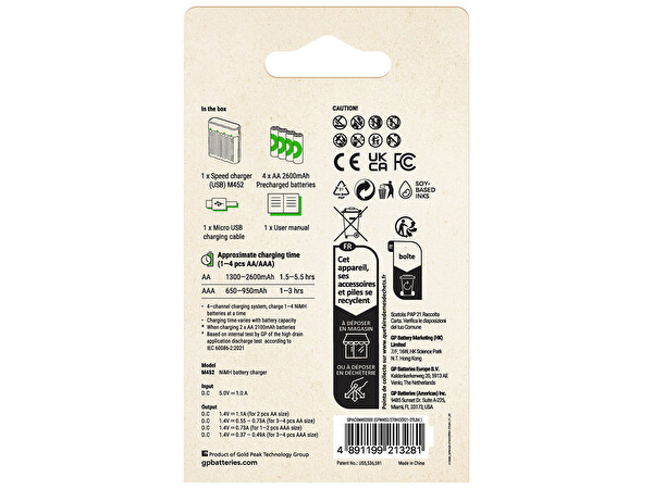 GP M452 USB Hızlı Şarj Cihazı 4 Adet 2600 AA Kalem Pilli Set