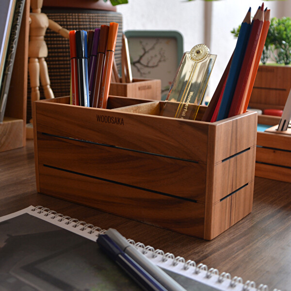 WOODSAKA 3Line İki Bölümlü Kalemlik - Kiraz Ağacından