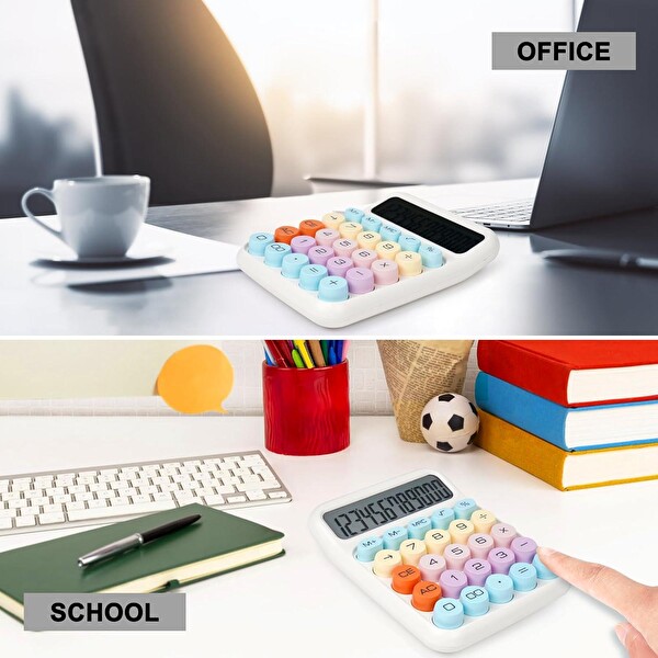Valkyrie Renkli Çok Şirin 12 Hane Mekanik Hesap Makinesi Büyük Ekranlı 4 Fonksiyonlu Ev Ofis Okul Beyaz