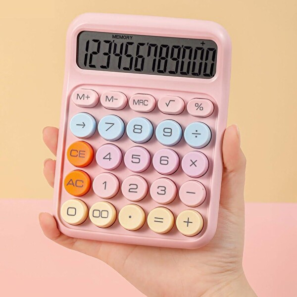 Valkyrie Renkli Çok Şirin 12 Hane Mekanik Hesap Makinesi Büyük Ekranlı 4 Fonksiyonlu Ev Ofis Okul Pembe