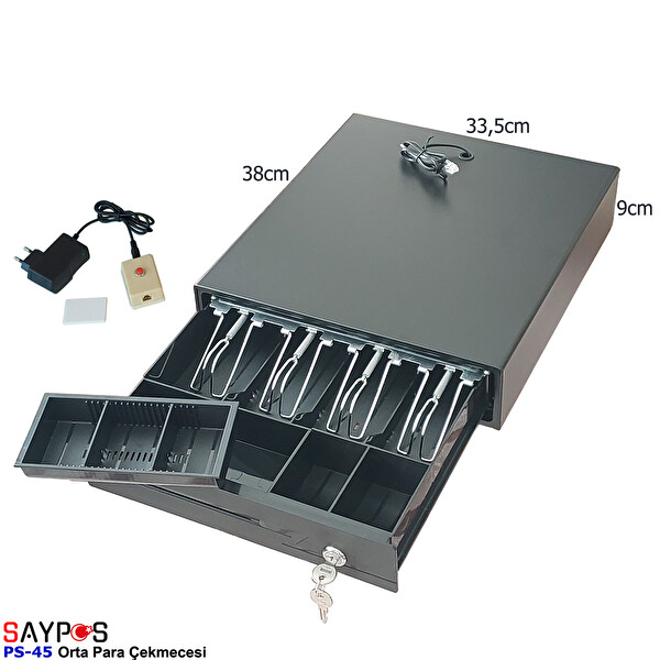 Saypos PS45 Orta Boy Para Çekmecesi Kolay Açma Buton ve Adaptörlü 4 Banknot Gözlü 33,5x38x9cm