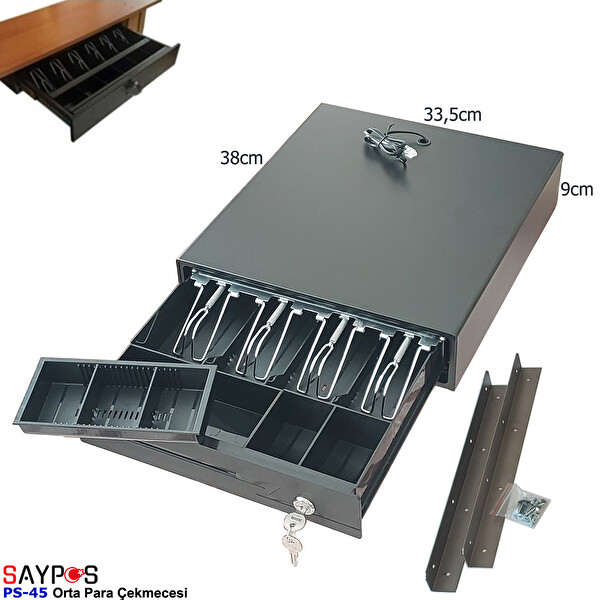 Saypos PS45 Para Çekmecesi 4 Banknot Gözlü Masa Altı Montaj Askılı Anahtardan Açılır 33.5x38x9 CM