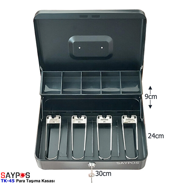 Saypos TK45 Taşıma Kulplu Metal Para Kasası 4 Banknot 5 Bozuk Para Gözlü Arka Ek Hazneli 30x24x9 CM