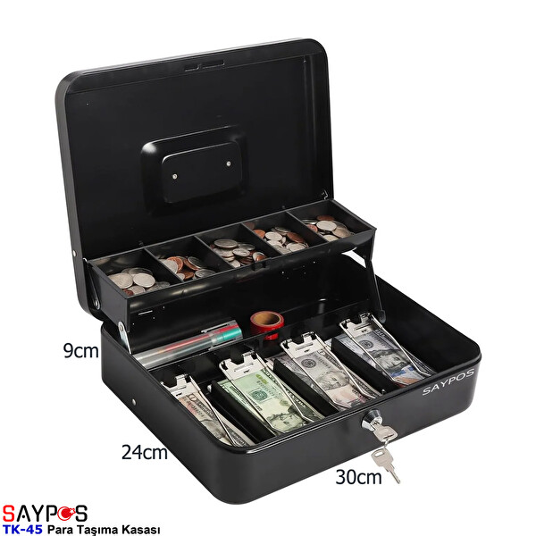 Saypos TK45 Taşıma Kulplu Metal Para Kasası 4 Banknot 5 Bozuk Para Gözlü Arka Ek Hazneli 30x24x9 CM