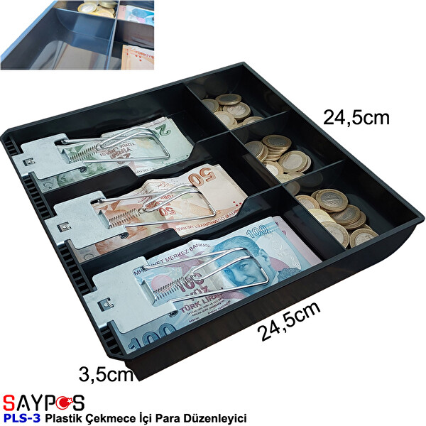Saypos PLS3 Plastik Para Çekmecesi İçi Düzenleyici 3 Banknot 3 Bozuk Para Gözlü 24.5x24.5x3.5 CM