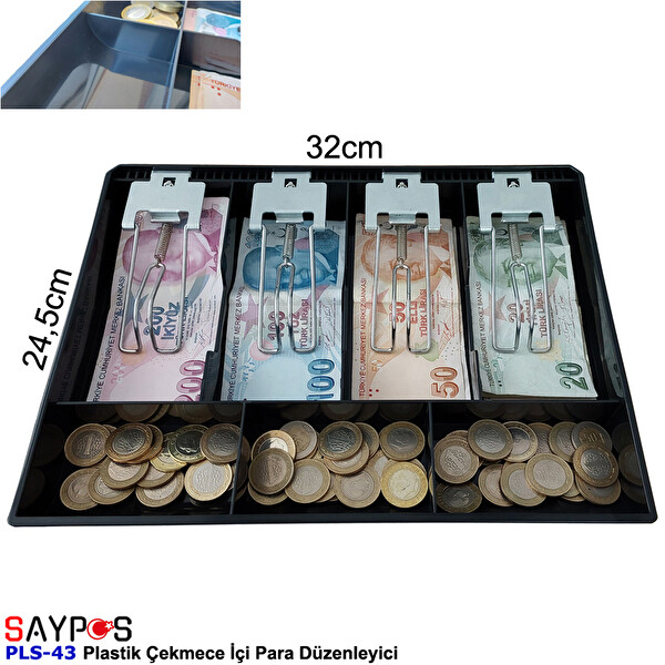 Saypos PLS43 Plastik Para Çekmecesi İçi Düzenleyici 4 Banknot 3 Bozuk Para Gözlü 32x24.5x3.5 CM