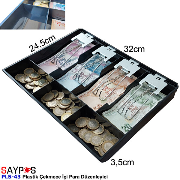 Saypos PLS43 Plastik Para Çekmecesi İçi Düzenleyici 4 Banknot 3 Bozuk Para Gözlü 32x24.5x3.5 CM