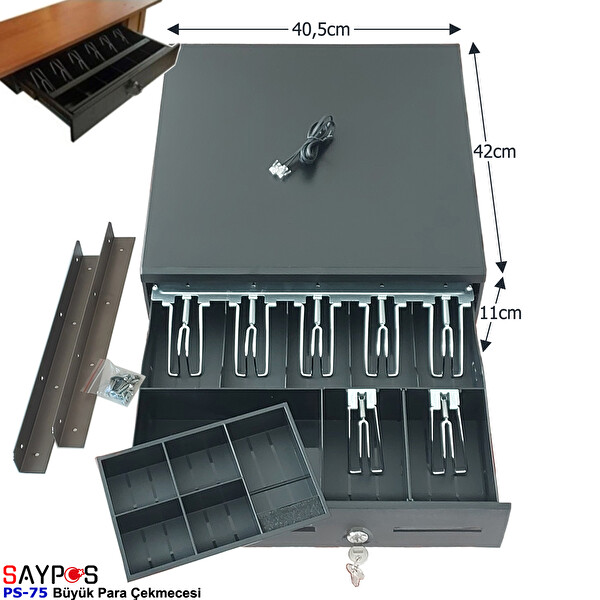 Saypos PS75 Para Çekmecesi 7 Banknot Gözlü Masa Altı Montaj Askılı Anahtardan Açılır 40.5x42x11 CM