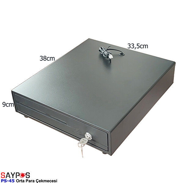 Saypos PS45 Orta Boy Para Çekmecesi 4 Banknotlu Yazarkasa Bağlantılı Anahtardan Açılır 33.5x38x9 CM