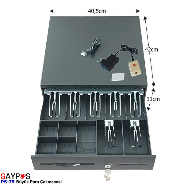 Saypos PS75 Para Çekmecesi 7 Banknot Gözlü Açma Buton ve Adaptörlü Anahtardan Açılır 40.5x42x11 CM