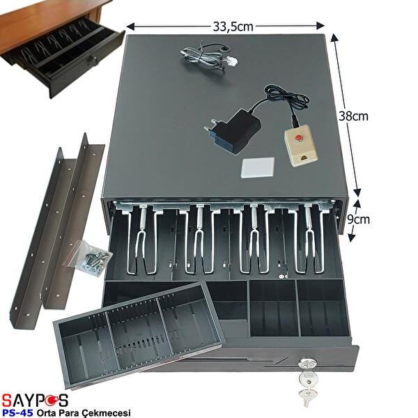Saypos PS45 Orta Boy Para Çekmecesi 4 Banknotlu Açma Butonlu ve Montaj Askılı (Takım) 33.5x38x9 CM