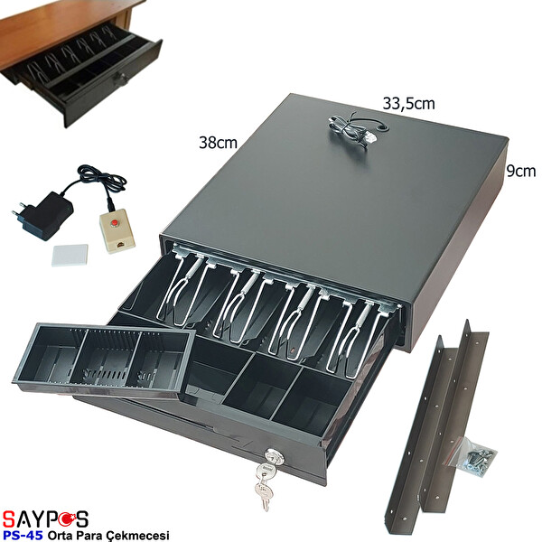Saypos PS45 Orta Boy Para Çekmecesi 4 Banknotlu Açma Butonlu ve Montaj Askılı (Takım) 33.5x38x9 CM