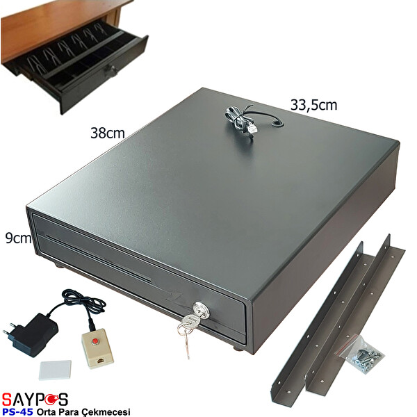 Saypos PS45 Orta Boy Para Çekmecesi 4 Banknotlu Açma Butonlu ve Montaj Askılı (Takım) 33.5x38x9 CM