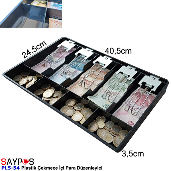 Saypos PLS54 Plastik Para Çekmecesi İçi Düzenleyici 5 Banknot 4 Bozuk Para Gözlü 40.5x24.5x3.5 CM