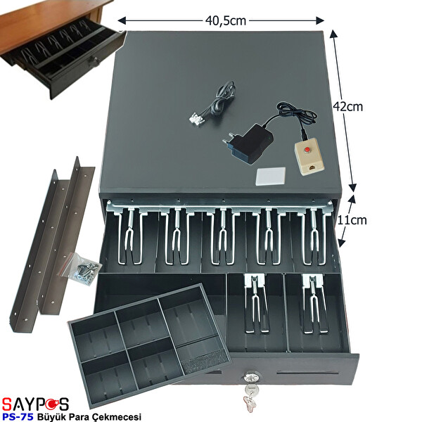 Saypos PS75 Para Çekmecesi 7 Banknot Gözlü Kolay Açma Butonlu ve Montaj Askılı (Takım) 40.5x42x11 CM