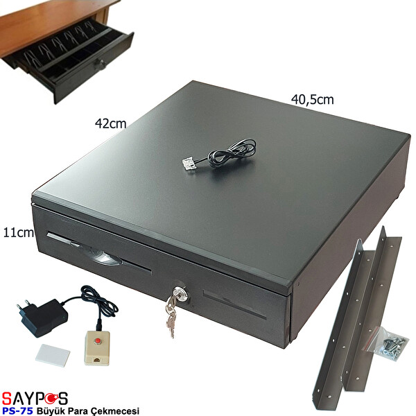 Saypos PS75 Para Çekmecesi 7 Banknot Gözlü Kolay Açma Butonlu ve Montaj Askılı (Takım) 40.5x42x11 CM