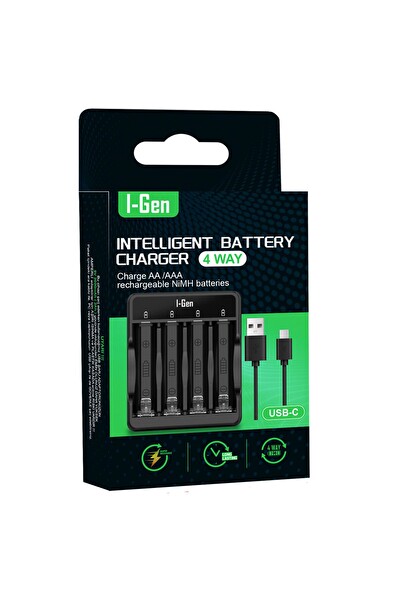 I-Gen Batteries G400 4'lü AA-AAA Pil Şarj Cihazı USB Type-C Yüksek Hızlı Pil Şarj Aleti NiMH NiCd