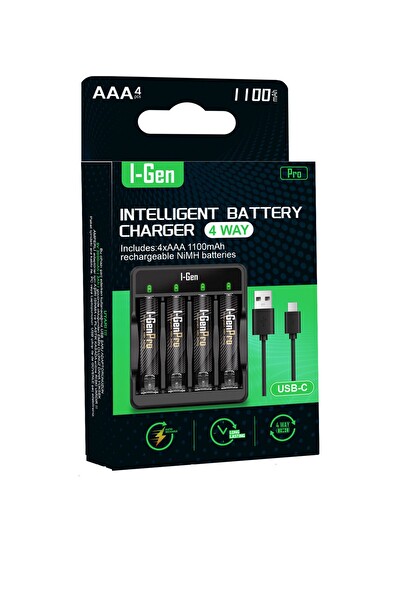 I-Gen Batteries G411 Pro Series 4x USB Pil Şarj Cihazı 4 Adet 1100 AAA Kalem Pilli Set 4 Adet 1100 AAA Şarj Aleti