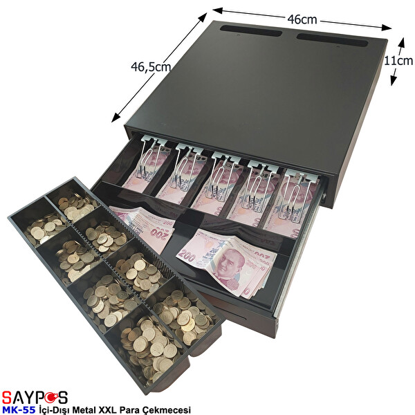 Saypos 46x46.5x11 CM İçi-Dışı Full Metal 5 Geniş Banknotluk Ekstra Büyük Ağır Yük Para Çekmecesi