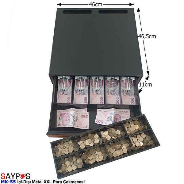 Saypos 46x46.5x11 CM İçi-Dışı Full Metal 5 Geniş Banknotluk Ekstra Büyük Ağır Yük Para Çekmecesi