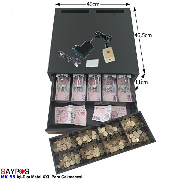 Saypos 46x46.5x11 CM Açma Butonlu İçi-Dışı Full Metal 5 Geniş Banknotluk Ekstra Büyük Para Çekmecesi