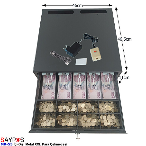 Saypos 46x46.5x11 CM Açma Butonlu İçi-Dışı Full Metal 5 Geniş Banknotluk Ekstra Büyük Para Çekmecesi