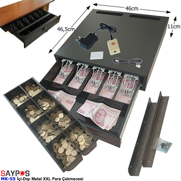 Saypos 46x46.5x11 CM Butonlu ve Askılı İçi-Dışı Full Metal 5 Geniş Banknotluk Ekstra Büyük Para Çekmecesi