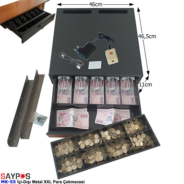 Saypos 46x46.5x11 CM Butonlu ve Askılı İçi-Dışı Full Metal 5 Geniş Banknotluk Ekstra Büyük Para Çekmecesi