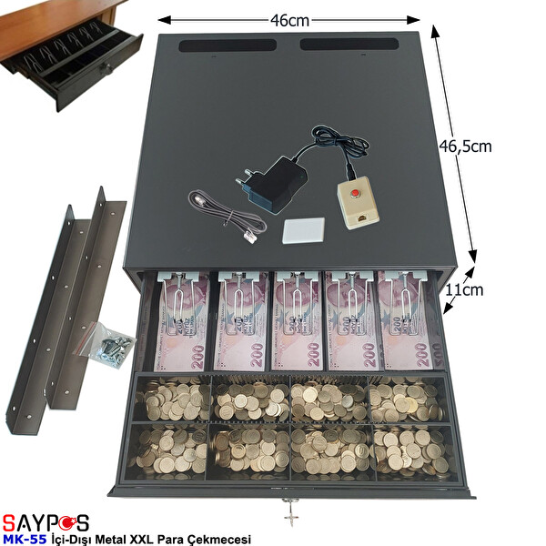 Saypos 46x46.5x11 CM Butonlu ve Askılı İçi-Dışı Full Metal 5 Geniş Banknotluk Ekstra Büyük Para Çekmecesi