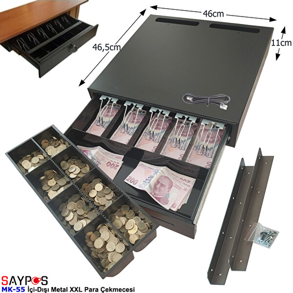Saypos 46x46.5x11 CM Montaj Askılı İçi-Dışı Full Metal 5 Geniş Banknotluk Ekstra Büyük Para Çekmecesi
