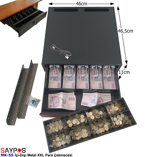Saypos 46x46.5x11 CM Montaj Askılı İçi-Dışı Full Metal 5 Geniş Banknotluk Ekstra Büyük Para Çekmecesi