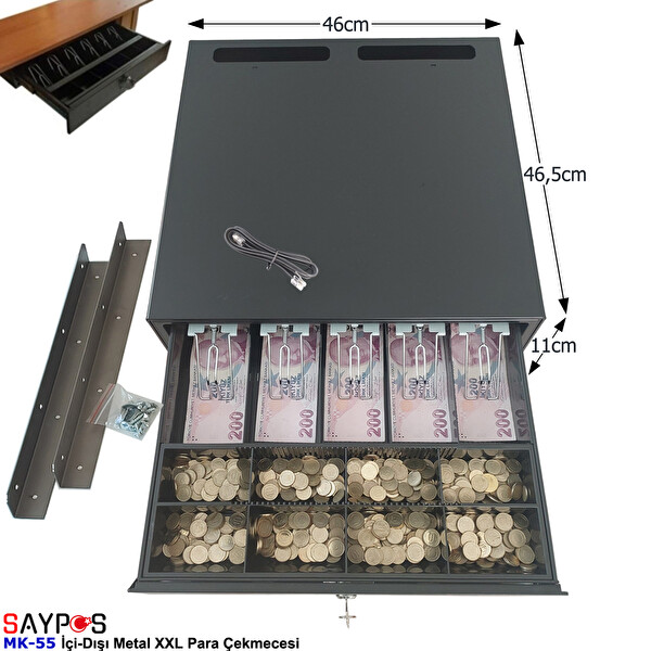 Saypos 46x46.5x11 CM Montaj Askılı İçi-Dışı Full Metal 5 Geniş Banknotluk Ekstra Büyük Para Çekmecesi