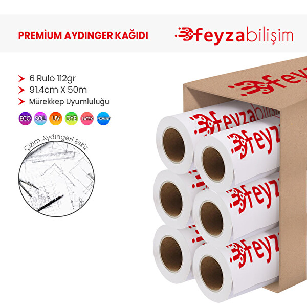 Feyza Bilişim Plotter Aydınger 112 GR Rulo 91.4 CM x 50 M 6 Rulo Çizim Kağıdı