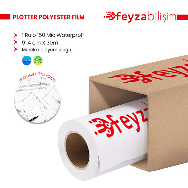 Feyza Bilişim Plotter Polyesteri İnkjet Waterprof 150 Micron Rulo 91.4 CM x 30 M 1 Rulo Diazo Kağıdı