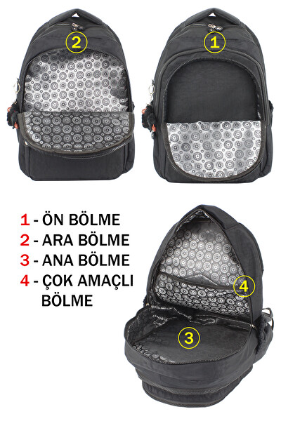 Dada Su Geçirmez Krinkıl Kumaş Büyük Boy Çok Gözlü Okul Sırt Çantası Yandan Cepli Ortopedik Toprak